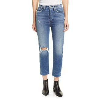 Re/Done 70s Ultra High Rise Stove Pipe Straight Leg Jeans In Vintage Indigo Distressed