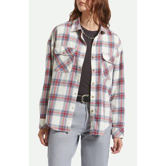 Brixton Bowery Plaid Cotton Flannel Overshirt in Off White/Berring Sea/Red at Nordstrom, Size Large