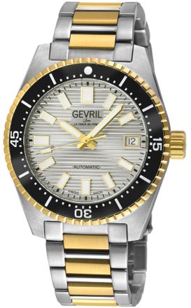 Gevril Group Mens Atlantic Avenue 316L Stainless Steel Case, Black Ceramic Bezel, White Silver Embossed Dial, Two toned SS/IPYG Bracelet. - Silver & Gold - One Siz