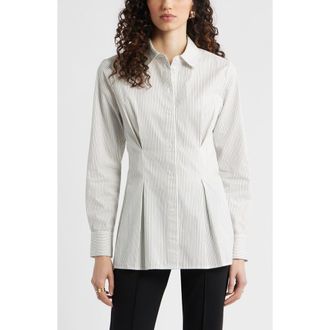 Nordstrom Stripe Pleat Waist Button-Up Shirt in Ivory- Navy Dylan Stripe at Nordstrom, Size Xx-Small