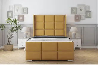 Sloomy Beaumont Plush Bed Frame With 50 Upholstered Wingback Headboard in Mustard | Size: Single