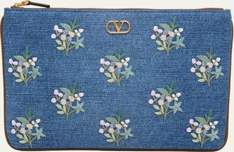 Valentino Garavani Floral-Embroidered Denim VLogo Clutch Bag