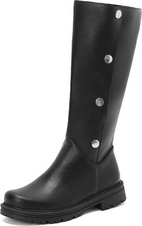 Generic Womens Fold Over Button Knee High Boots Comfort Round Toe Chunky Platform Pull On Winter Riding Shoes (5.5,Black)
