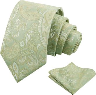 Alizeal Mens Classic Retro Paisley Necktie and Handkerchief for Business Wedding Formal Casual Tie Set, Light Green+Sage