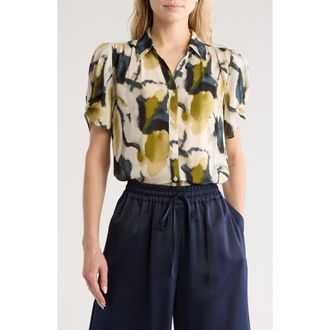 Adrianna Papell Patterned Pinch Sleeve Button-Up Shirt in Olive Watercolor Geode at Nordstrom Rack, Size X-Small