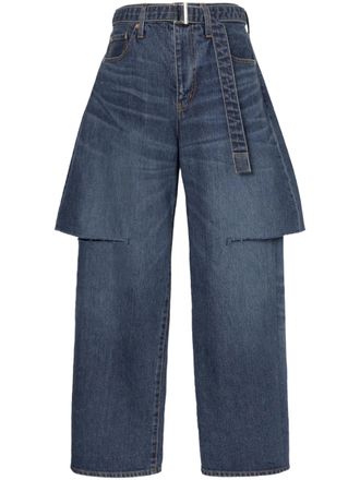 sacai Blue Cotton Layered Flap Overlay Straight-Leg Jeans