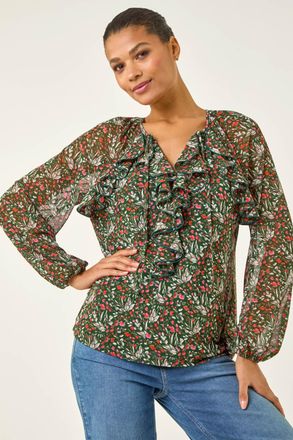 Roman Floral Mesh Print Gathered Top