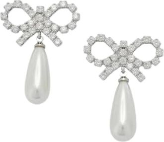 Self Portrait Orecchini con Fiocco di Cristallo e Perla a Goccia - - Accessories - Donna - Bianco - ONE SIZE