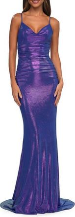 La Femme Metallic Prom Dress with Ruching and Illusion Back in Periwinkle at Nordstrom, Size 8