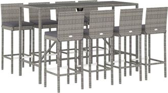 vidaXL 9 Piece Garden Bar Set with Cushions Grey Poly Rattan Vidaxl