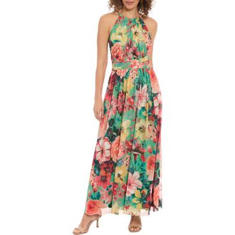 London Times Floral Mesh Maxi Dress in Green/Peach at Nordstrom Rack, Size 14
