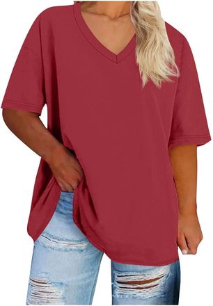 Generic Summer Tops for Women UK Plus Size 8-22 Oversized T Shirt V Neck Short Sleeved Solid Plain Blouses Baggy Tee Shirts Loose Fit Gym Sports Baseball Tuni
