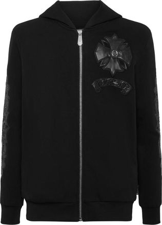 Philipp Plein Zip Hoodie met leren inzetstukken Chrome Crest - Heren - Vesten met rits - Zwart - L - Katoen - Hoodies & sweatvesten