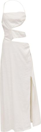 Cult Gaia Cut-Out Side-Slit Halter Strap Maxi Dress in White Linen