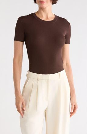 T Tahari Short Sleeve Crewneck Ribbed T-Shirt in New Brown at Nordstrom Rack, Size X-Small