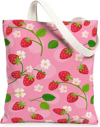 Generic Strawberry Floral Canvas Tote Bags, Berry Pattern Reusable Grocery Bags, Spring Vintage Chic Washable Shoulder Strap Canvas, Peach, 13x15 Inch