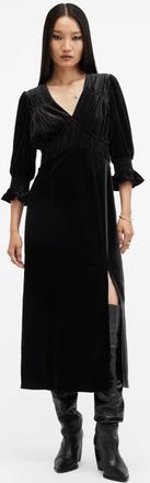 AllSaints Polyester Ani V-Neck Velvet Midi Dress, Size: UK 16/US 12