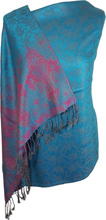 World of Shawls Ladies Floral Paisley Bordered Pashmina Feel Shawl Scarf Wrap Stole Luxuriously Warm Soft and Silky Touch (Turquoise/Hotpink_5234)
