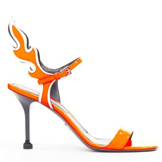Prada Flame bright orange patent Fire mid heel sandals