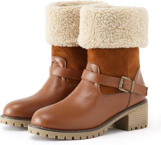 Generic Winter Boots for Women UK Ladies Fur Lined Mid Calf Boots Comfortable Outdoor Chunky Heel Walking Shoes Fashion Warm Snow Ankle Booties