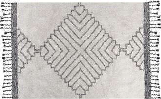 Beliani Alfombra De Algod&oacute;n Blanco Negro 140 X 200 Cm Hecho A Mano Geom&eacute;trico Borlas Eray