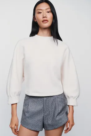 Maeve Cotton Blend Pleated Sleeve Crewneck Sweatshirt