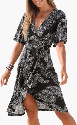 Lascana Belted Asymmetrical Dress in Black Printed at Nordstrom, Size 10