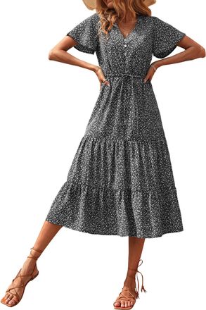PrettyGarden Summer Floral Dress for Women 2025 Casual Boho Short Sleeve Maxi Dresses V Neck Tiered Flowy Beach Sundress, Black Floral, L