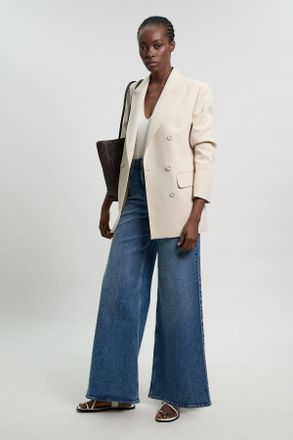 Karen Millen Womens Tailored Double Breasted Ruched Sleeve Blazer - Off-White - Size 10 UK