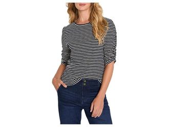Nic+Zoe Striped Ruched Elbow Sleeve T-Shirts Womens Clothing Indigo : 2XL, Cotton/Modal