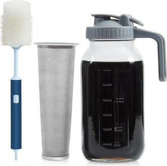 OEM Tarro Mason De 1,9 Litros (64 Oz) Para Cafetera De Infusi&oacute;n En Fr&iacute;o, Tapa Abatible De Vidrio Grueso Y Duradero Con Asa