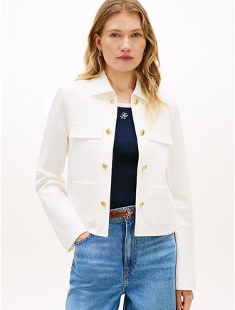 Tommy Hilfiger Womens Gold-Button Ponte Multi-Pocket Jacket - White - XXS