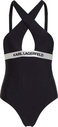 Karl Lagerfeld logo-waistband halterneck swimsuit - women - Recycled Polyamide/Elastane - M - Black