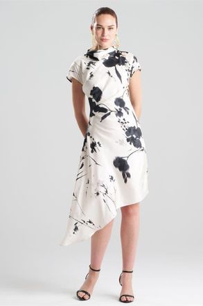 Natori Nara Silk Twill Asymmetric Pleated Dress in Black/white at Nordstrom, Size 16