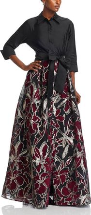 Teri Jon Metallic Taffeta Floral Dress Gown In Black