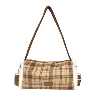 Generic Cymwer Autumn Plaid Crossbody Bag Cylindrical Bag with Zipper Closure for Women (Khaki)