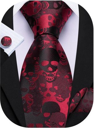 Barry.Wang Mens Red Black Ties Halloween Tie Skull Pumpkin Fun Neckties Handkerchief Cufflinks Party Festival