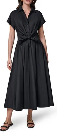 DKNY Tie Waist Short Sleeve Stretch Cotton Midi Shirtdress in Black at Nordstrom, Size X-Small