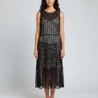Paule Ka Black Guipure Lace Sheer Sleeveless Midi Dress