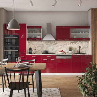 Vicco Cocina R-line, Burdeos Brillo Intenso/blanco, 350 Cm Con Armario Alto, Et M&aacute;rmol, Vicco