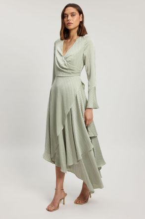 Karen Millen Womens Hammered Satin With Lace Trim Long Sleeve Hanky Hem Dress - Green - Size 10 UK