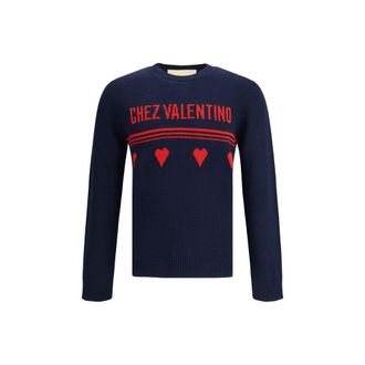 Valentino Mens Pullover Sweater Hearts Knit - Dark Blue - Size Medium