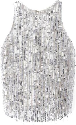 Elisabetta Franchi Zilveren Paillet Mouwloze Top - Dames - Tops zonder mouwen - Grijs - L - Polyester - Tops