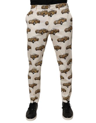 Dolce & Gabbana Mens Vintage Car Print Casual Pants - Ivory Cotton - Size EU 48 (Mens)