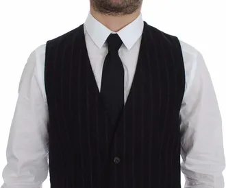 Dolce & Gabbana Black Striped Wool Logo Vest Gilet Mens Weste