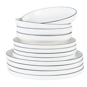 Maisons du monde Vajilla de porcelana blanca con borde negro de 12 piezas