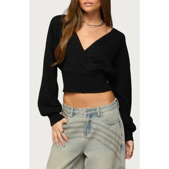 Edikted Lillia V-Neck Wrap Crop Sweater in Black at Nordstrom, Size X-Small
