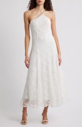 Black Halo Athena Crimped Lace One-Shoulder Midi Dress in Chantilly White at Nordstrom Rack, Size X-Large