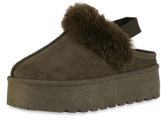 Generic 24890 Womens Faux Fur Lined Mules - Comfortable Platform Slippers with Cozy Fleece Interior - Slip-On Casual Shoes for Indoor and Outdoor Use (Khaki G