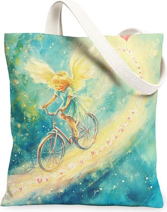 Generic Fanciful Fairy Canvas Tote Bags, Artistic Bike Design Lightweight Reusable Bags, Summer Eco-Friendly Washable Canvas for Beach Travel 13x15 Inch
